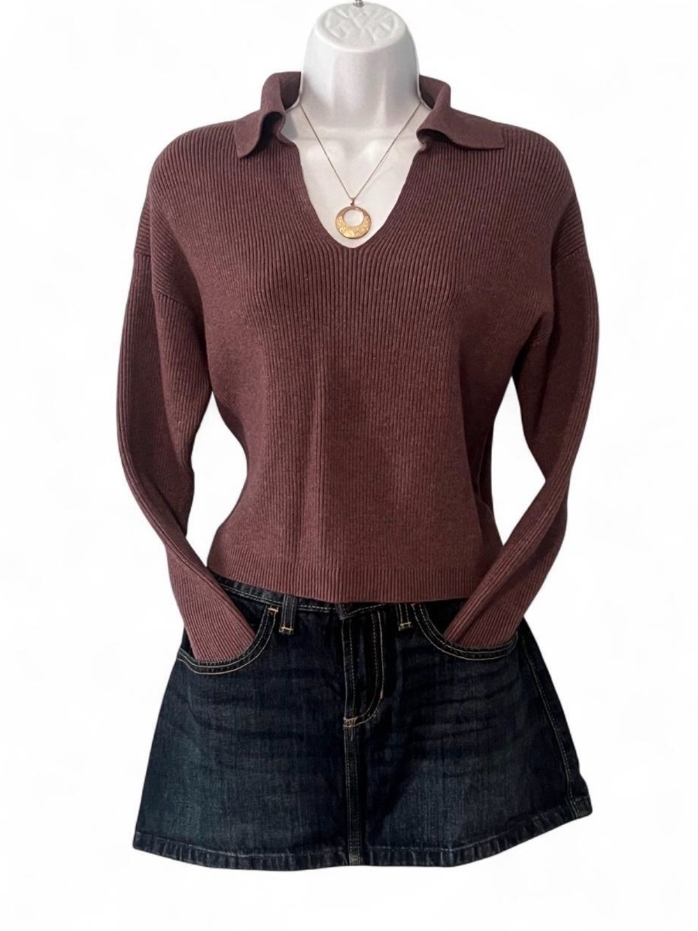 Polo neck pull over burgundy Ribbed Knit Collared Long Sleeve Top